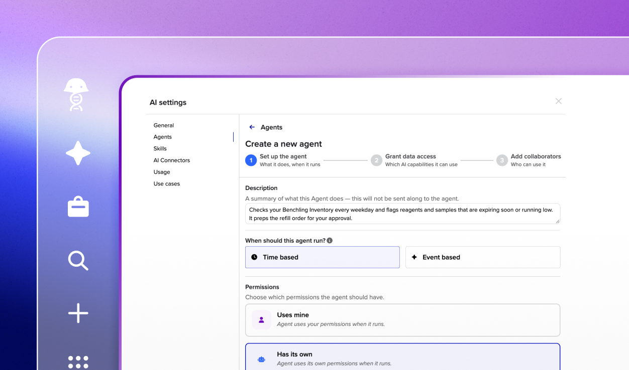 A white product screenshot of creating a Benchling new agent