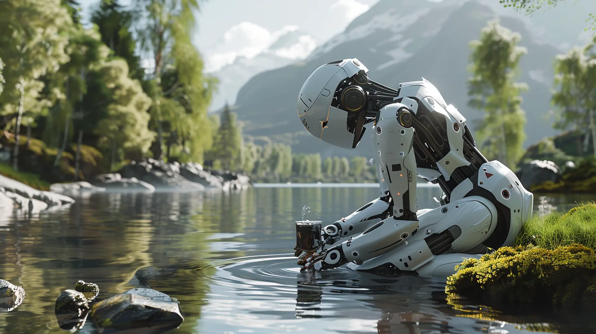 a scene where a robot is drinking water