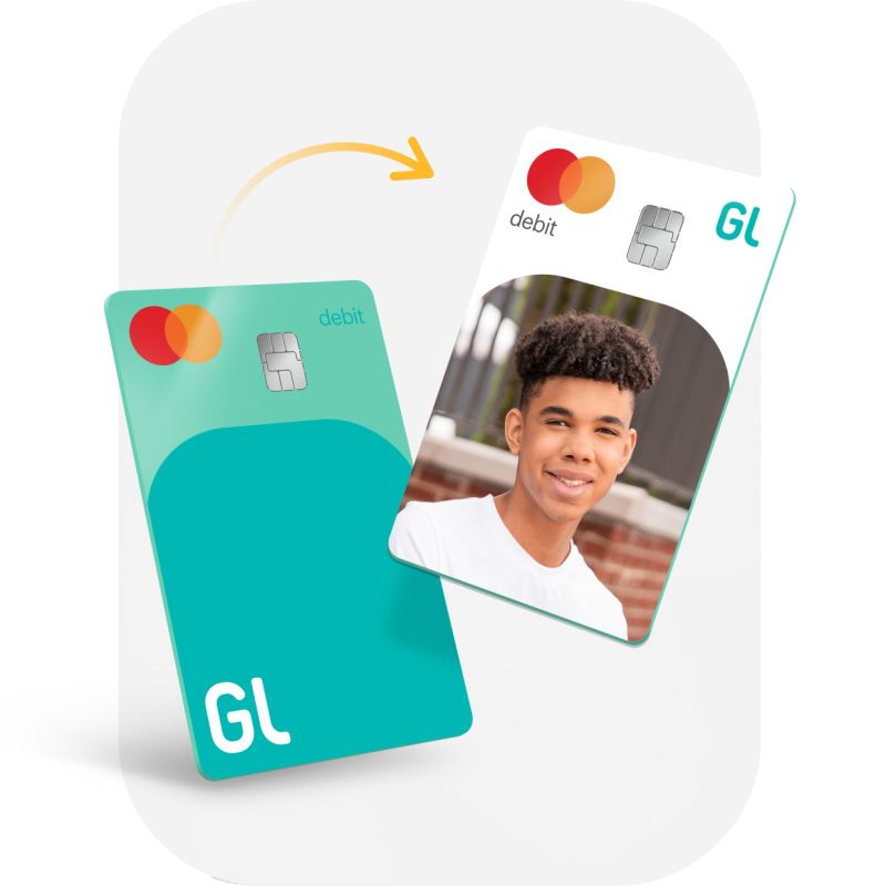 graphic showing greenlight debit card and a greenlight custom debit card with a teen boy face on it