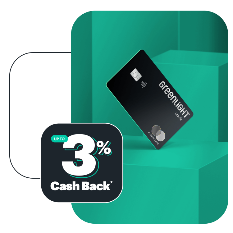 Black Greenlight family credit card against green design with up to 3 percent cash back logo for financial planning and saving
