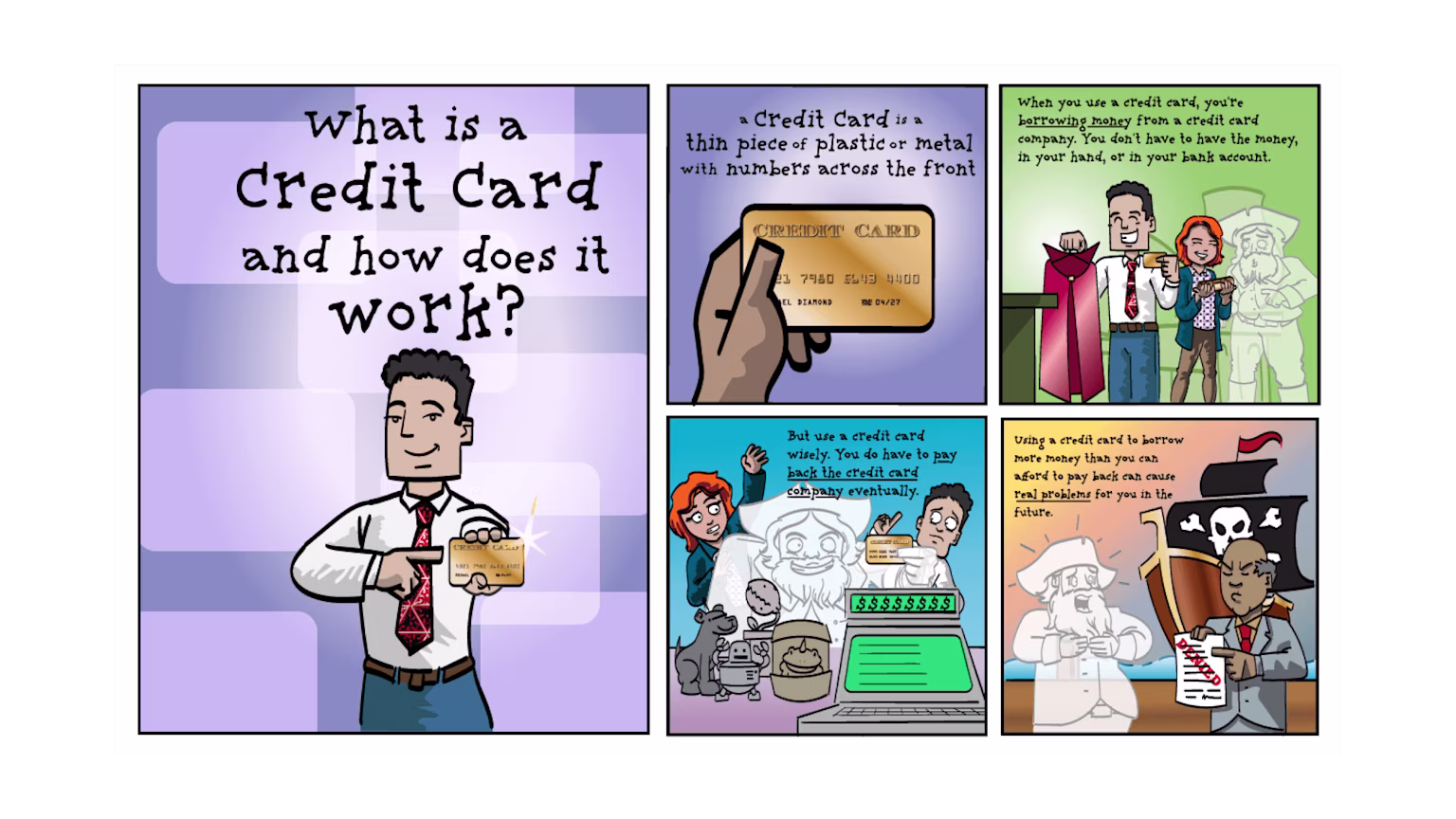 2022 credit card comic strip of episode 1 Million Bazillion's money podcast for kids presented by Greenlight