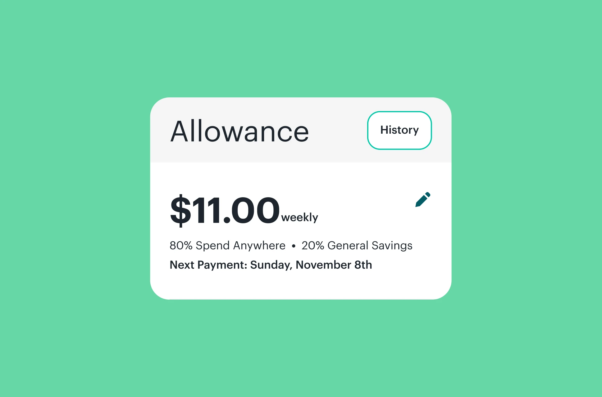 Greenlight allowance app for kids and teens with allowance history view and weekly recurring balance