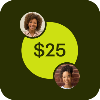 badge of a mom and daughter with a circle in between them showing $25