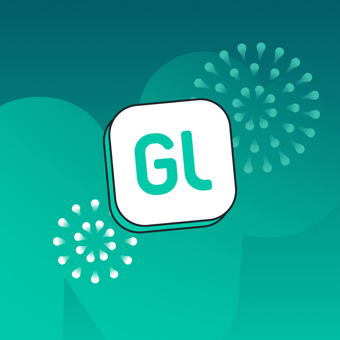 green graphic with GL logo surrounded by fireworks