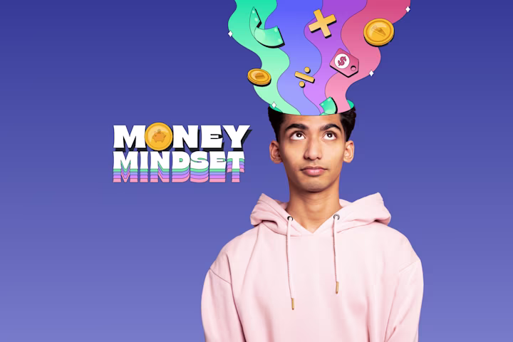Teen boy in front of purple background forming a money mindset by learning with the Greenlight app