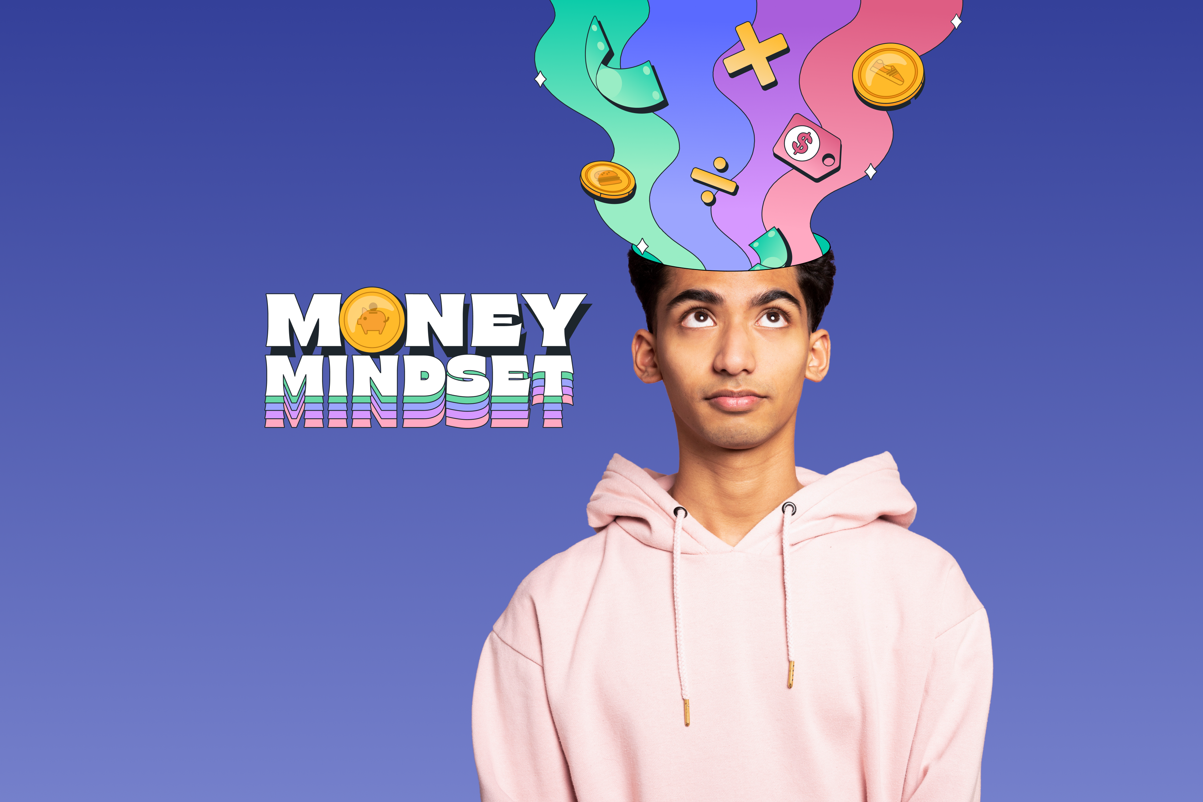 Teen boy in front of purple background forming a money mindset by learning with the Greenlight app