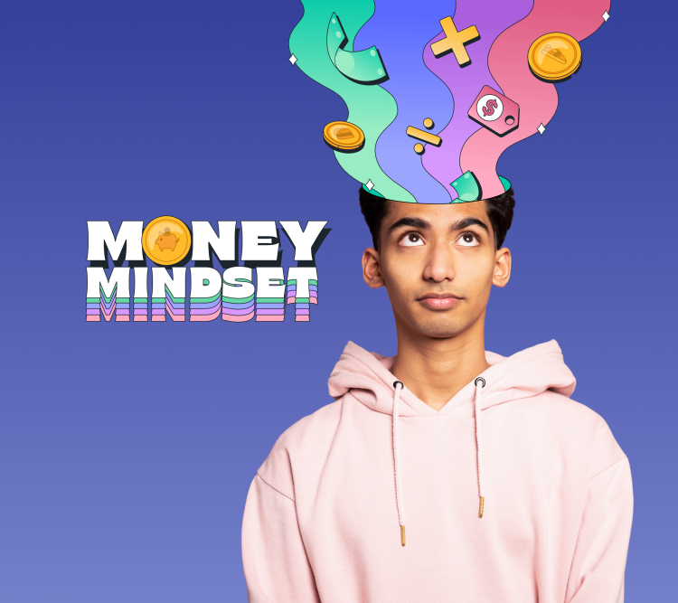 Teen boy in front of purple background forming a money mindset by learning with the Greenlight app