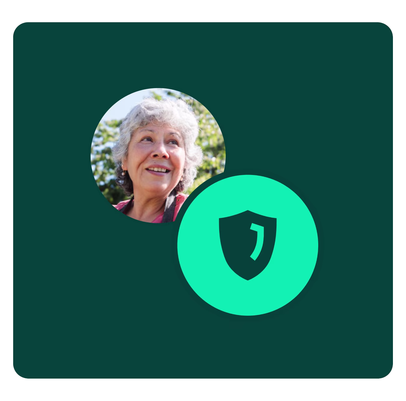 Senior with insurance shield - teal background