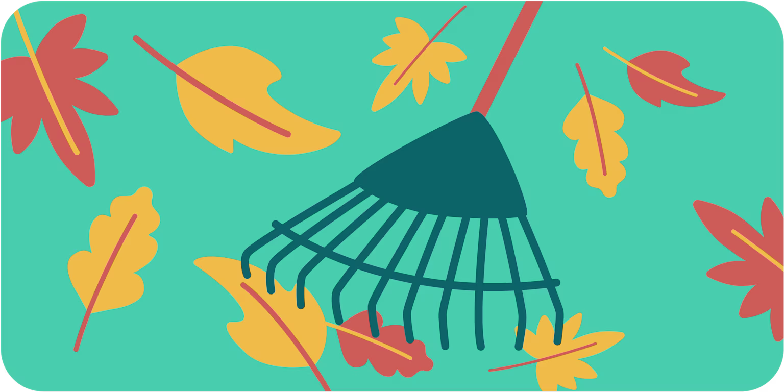 image of rake and leaves