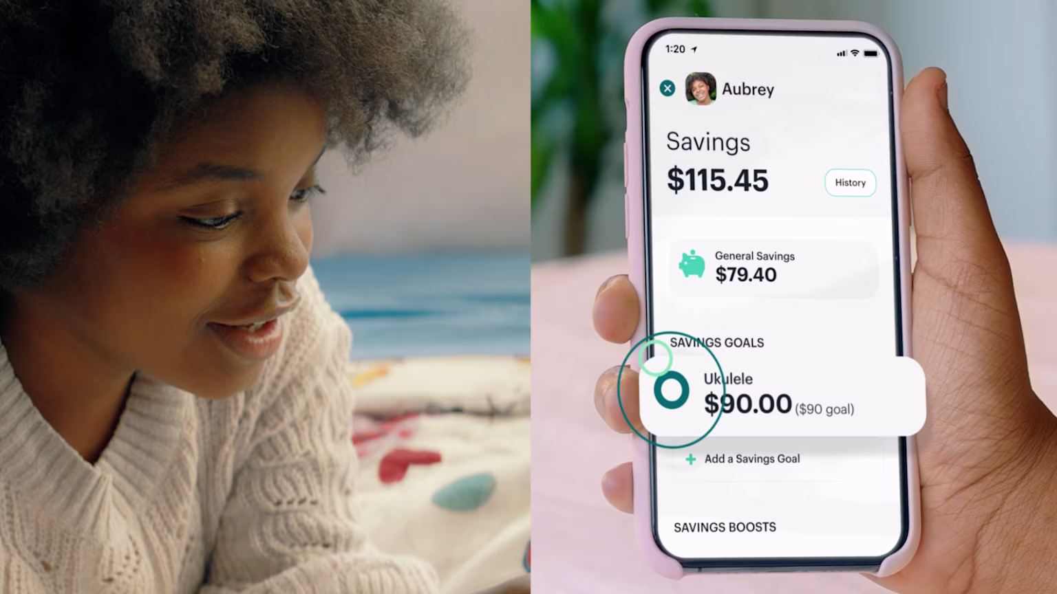 girl looking at her Greenlight debit card app dashboard
