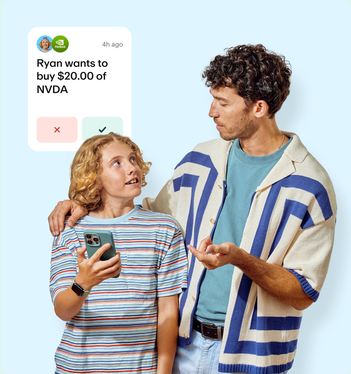 Image of father and son with an invest request