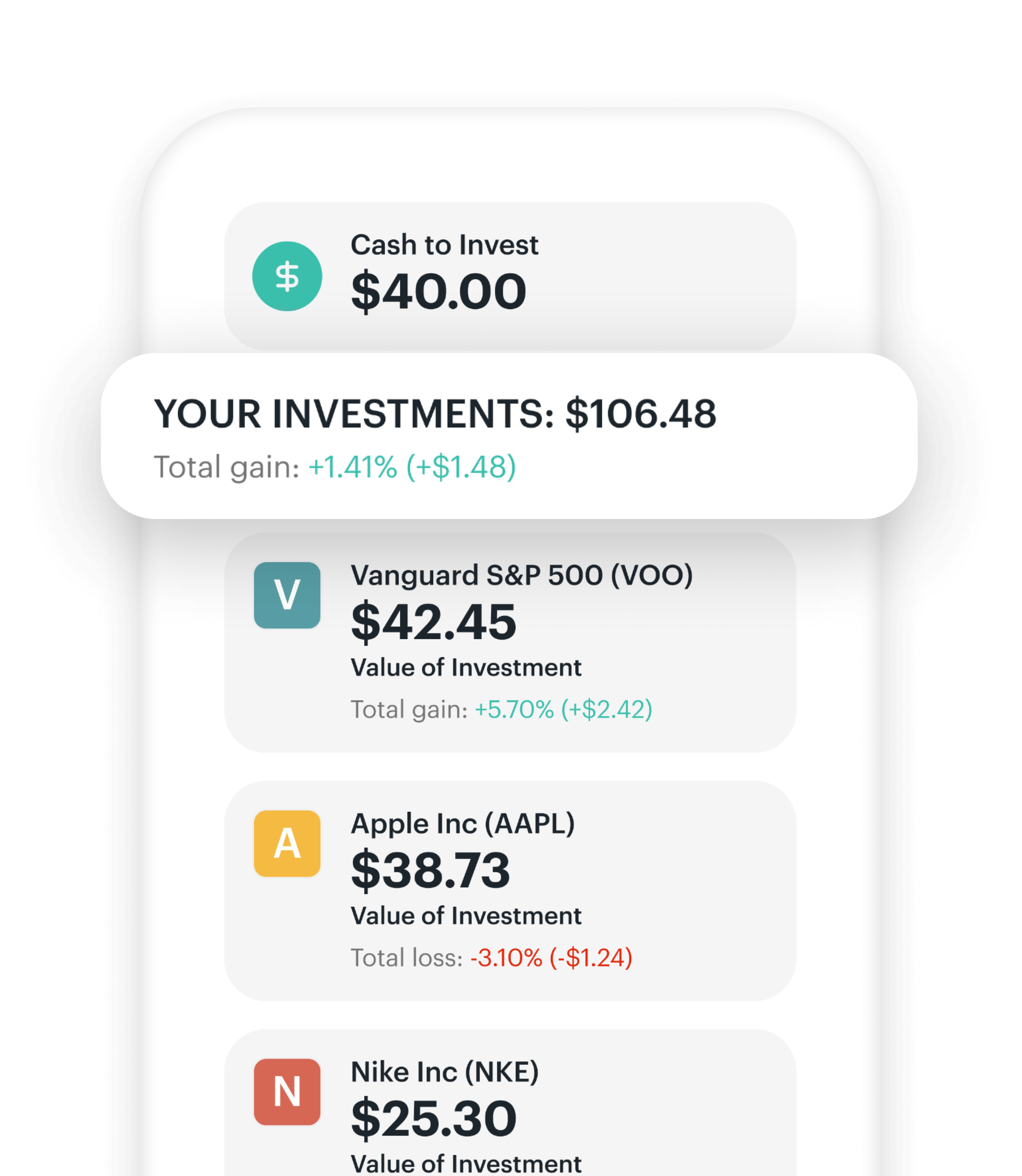 greenlight app showing investments