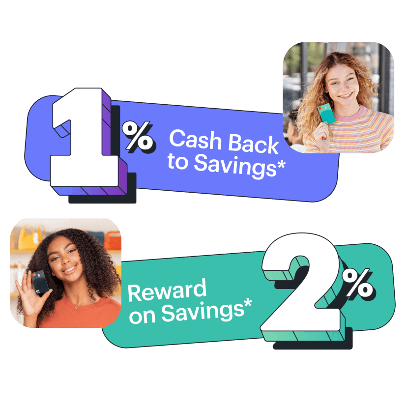 cash back and savings percentages for Greenlight kids, with two girls holding their Greenlight kids debit card
