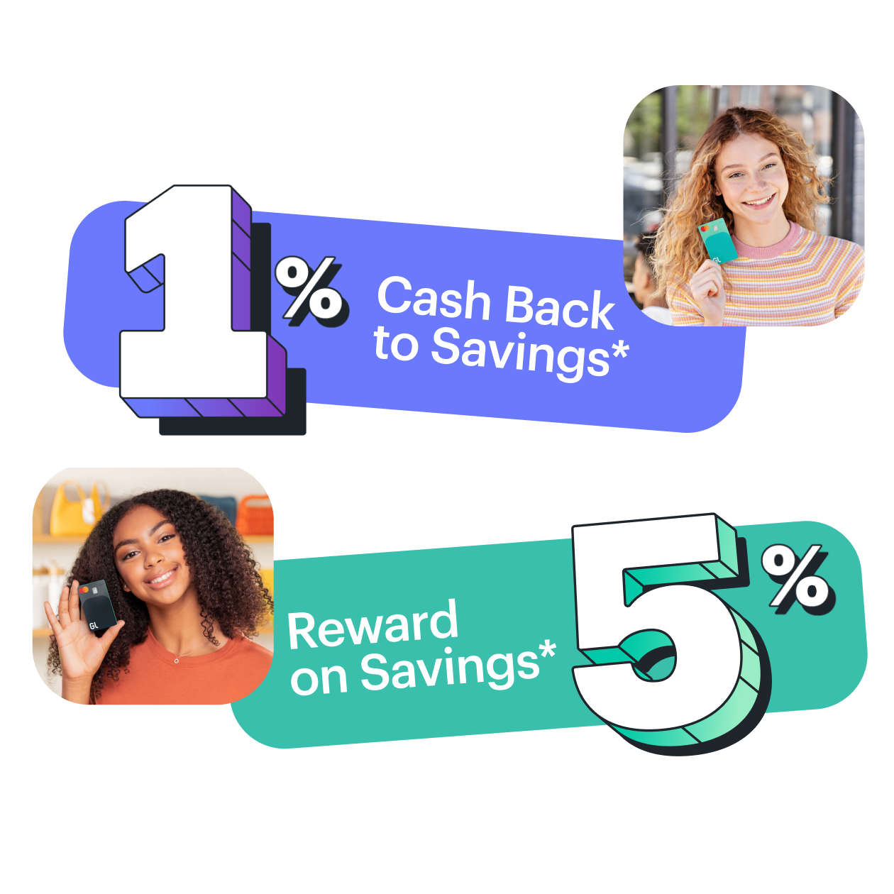 cash back and savings percentages for Greenlight kids, with two girls holding their Greenlight kids debit card

