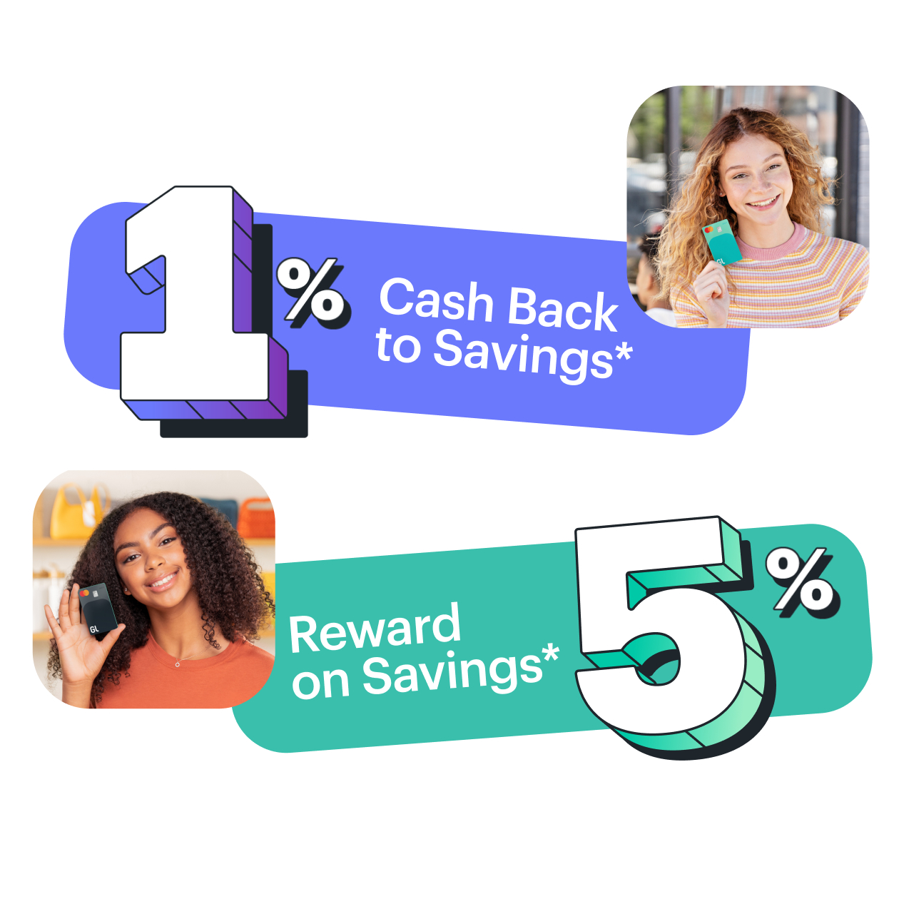 Two teens girls holding greenlight debit cards with title saying 1 percent Cash back to savings and 5 percent reward on savings