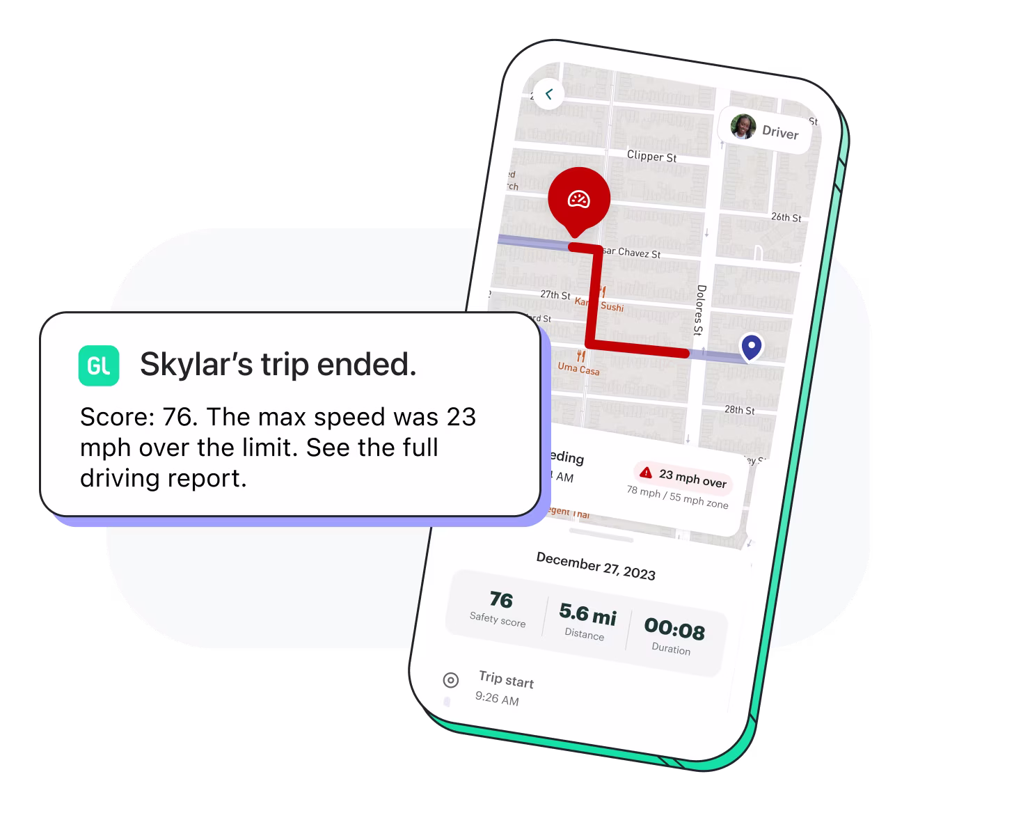 Driving reports and real-time alerts in the Greenlight app.