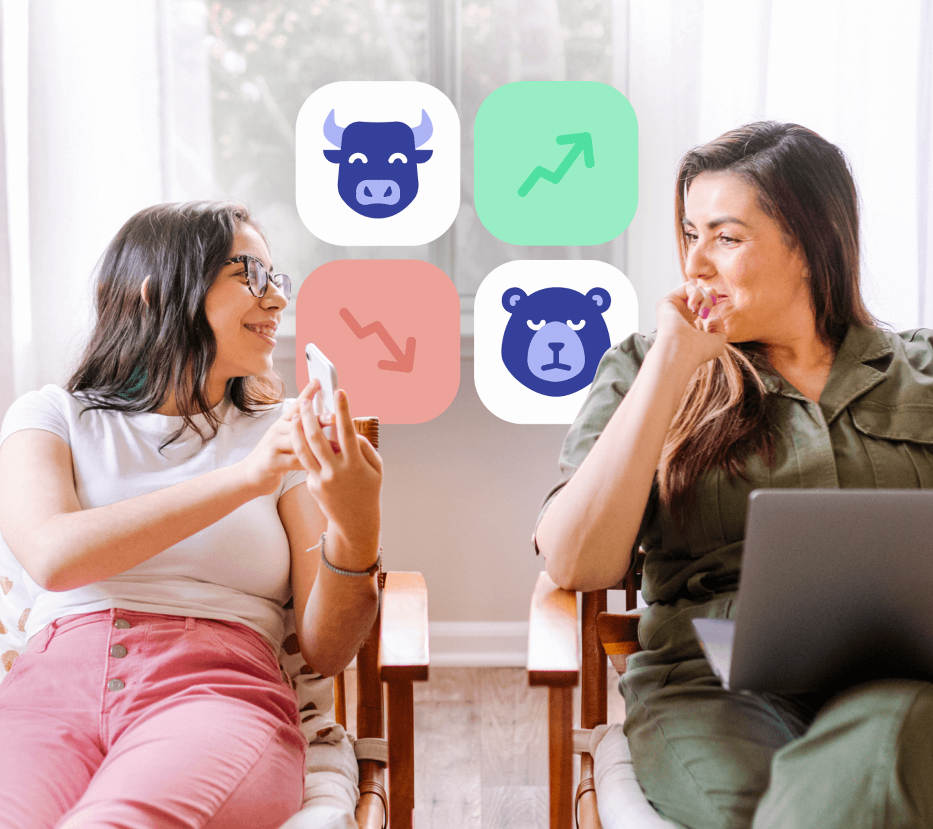 teen girl and mom with bear, bull, and graph icons between them