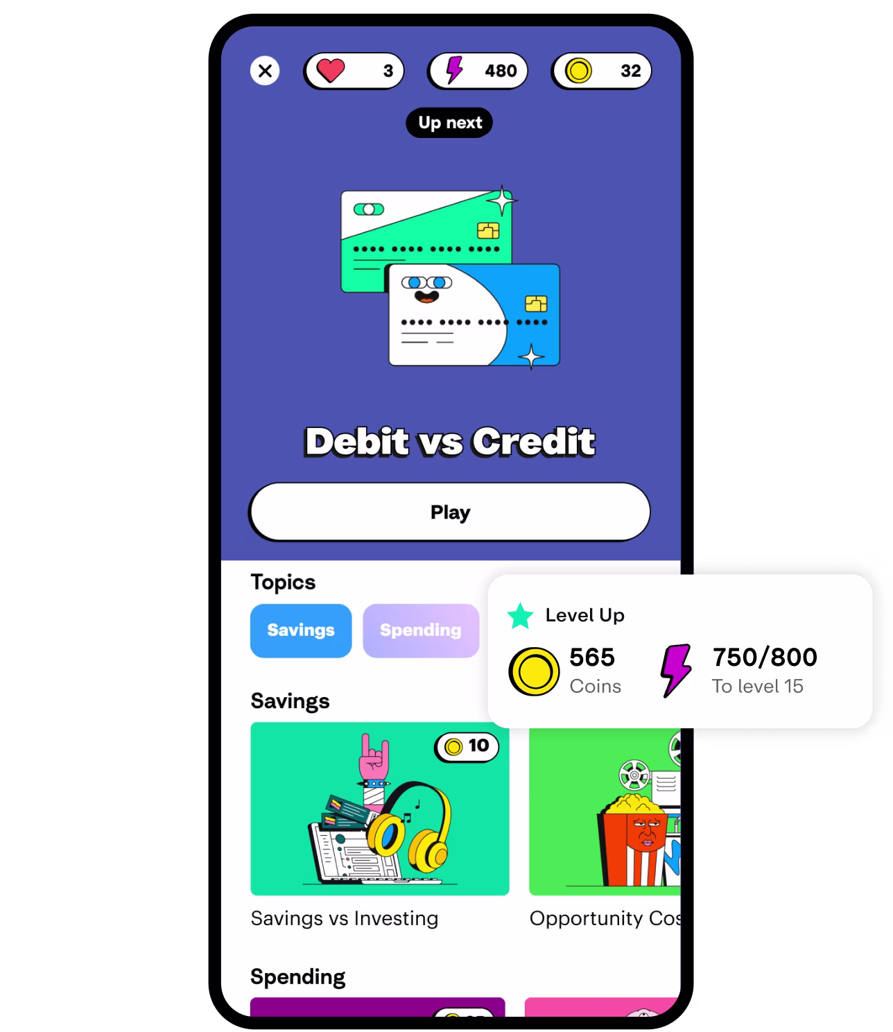 A screen with the LevelUp interface shows multiple educational games that can be played. A notification over top shows coins and points required to reach the next level.