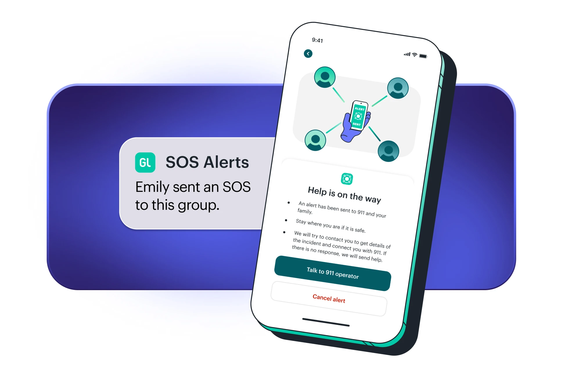 SOS alerts screen on a mobile phone with real-time notifications in case of emergency by Greenlight