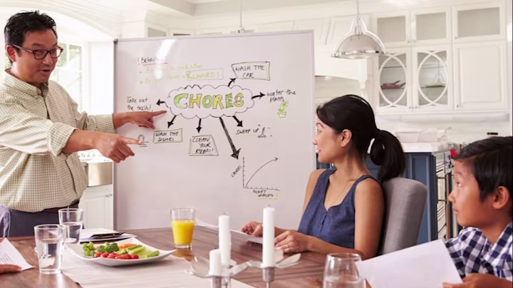 A family sits together in the kitchen and writes chores on a whiteboard