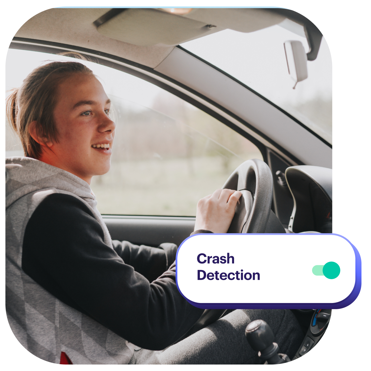 Teen driving car and uses Greenlight's car crash detection feature