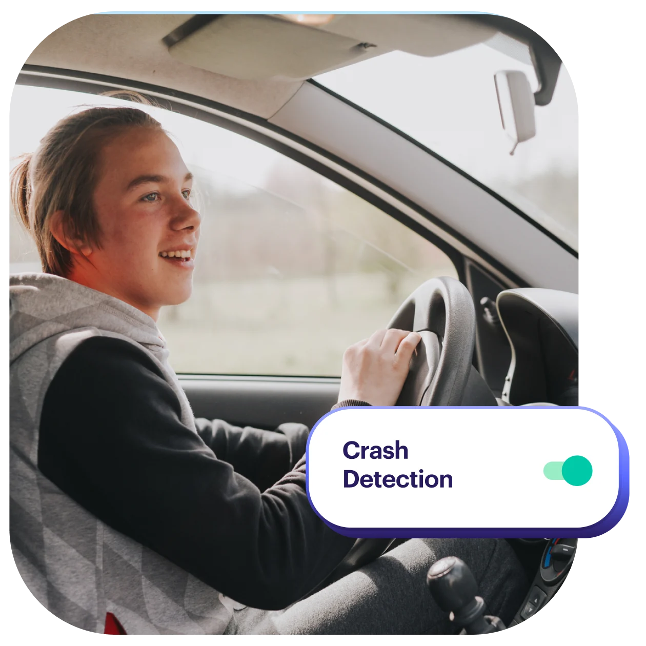 Teen driving car and uses Greenlight's car crash detection feature