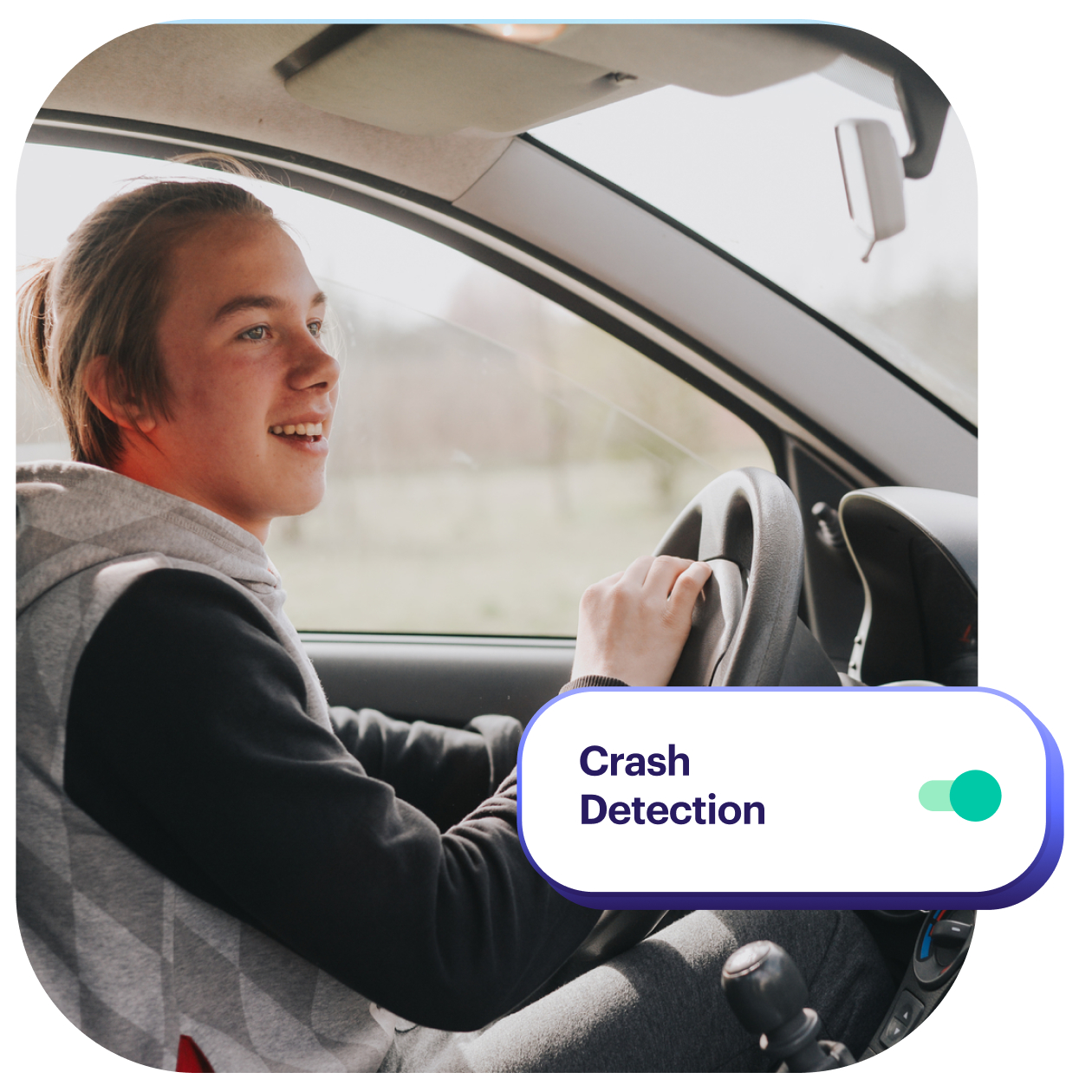 Teen driving car and uses Greenlight's car crash detection feature