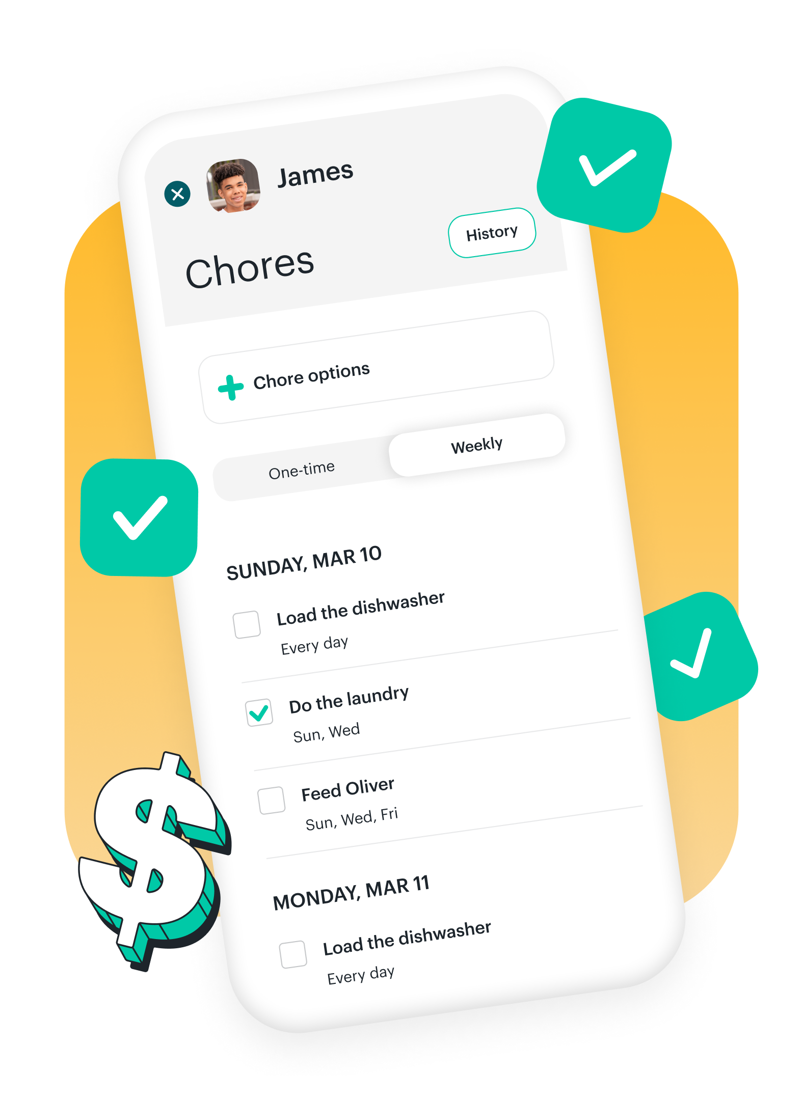 Dashboard with a chores checklist for teens as part of Greenlight's banking app.