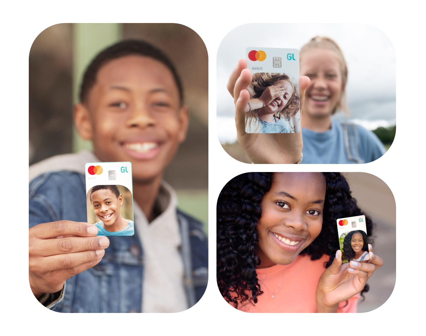 three teens holding their Greenlight custom debit cards
