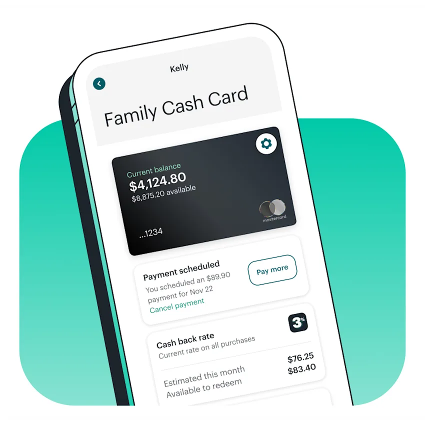 Mobile phone with the Family Cash Card dashboard on the Greenlight parent app