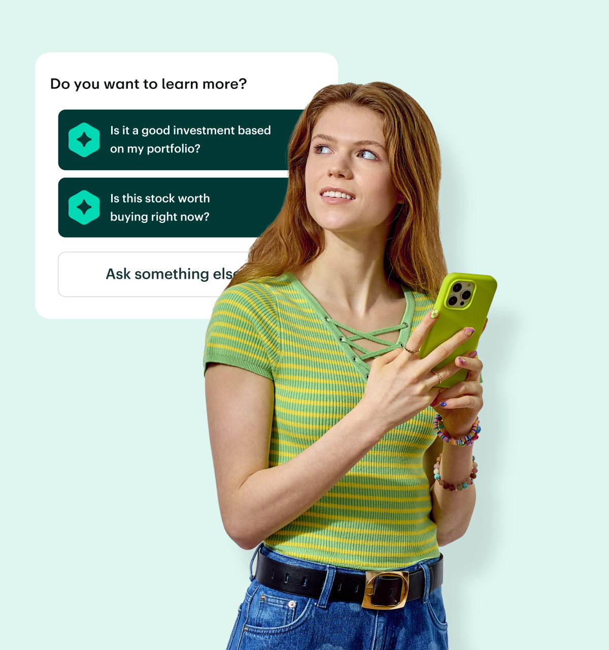 Person in green striped top holding phone with investment questions interface showing portfolio and stock inquiries.