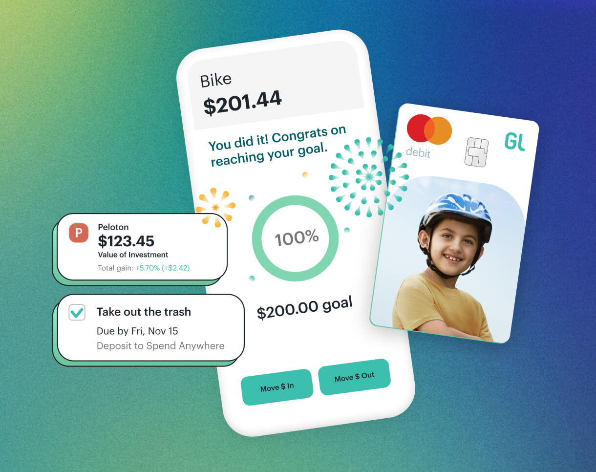 greenlight savings goal with a boy on a custom debit card