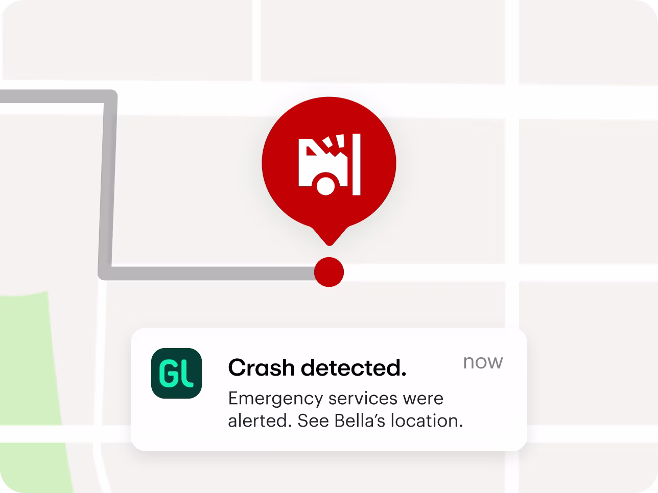 App viz zoom in of car with a warning pin and a notification that a crash was detected