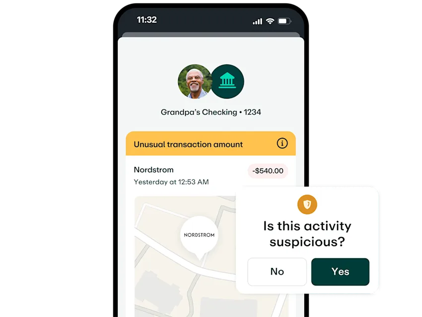 Mobile banking app showing unusual transaction alert for $540 purchase at Nordstrom with suspicious activity prompt.