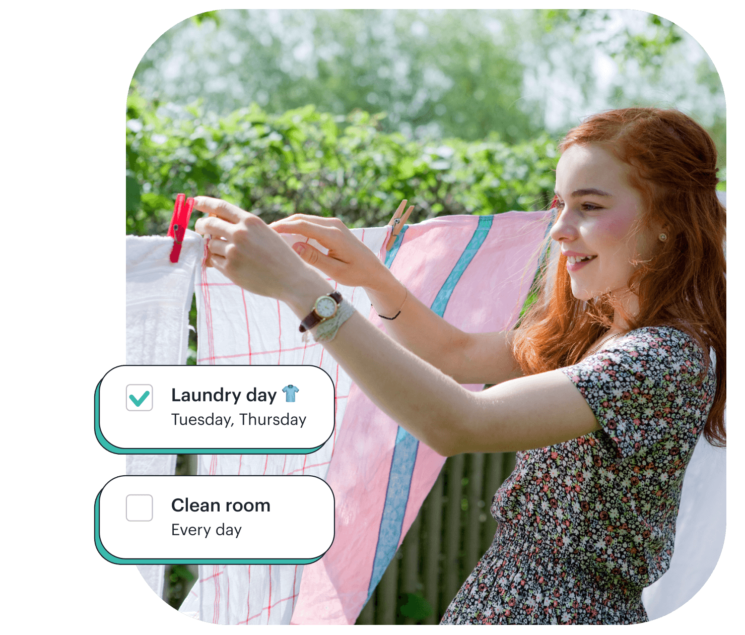 teen girl hanging laundry with greenlight chore notifications around her
