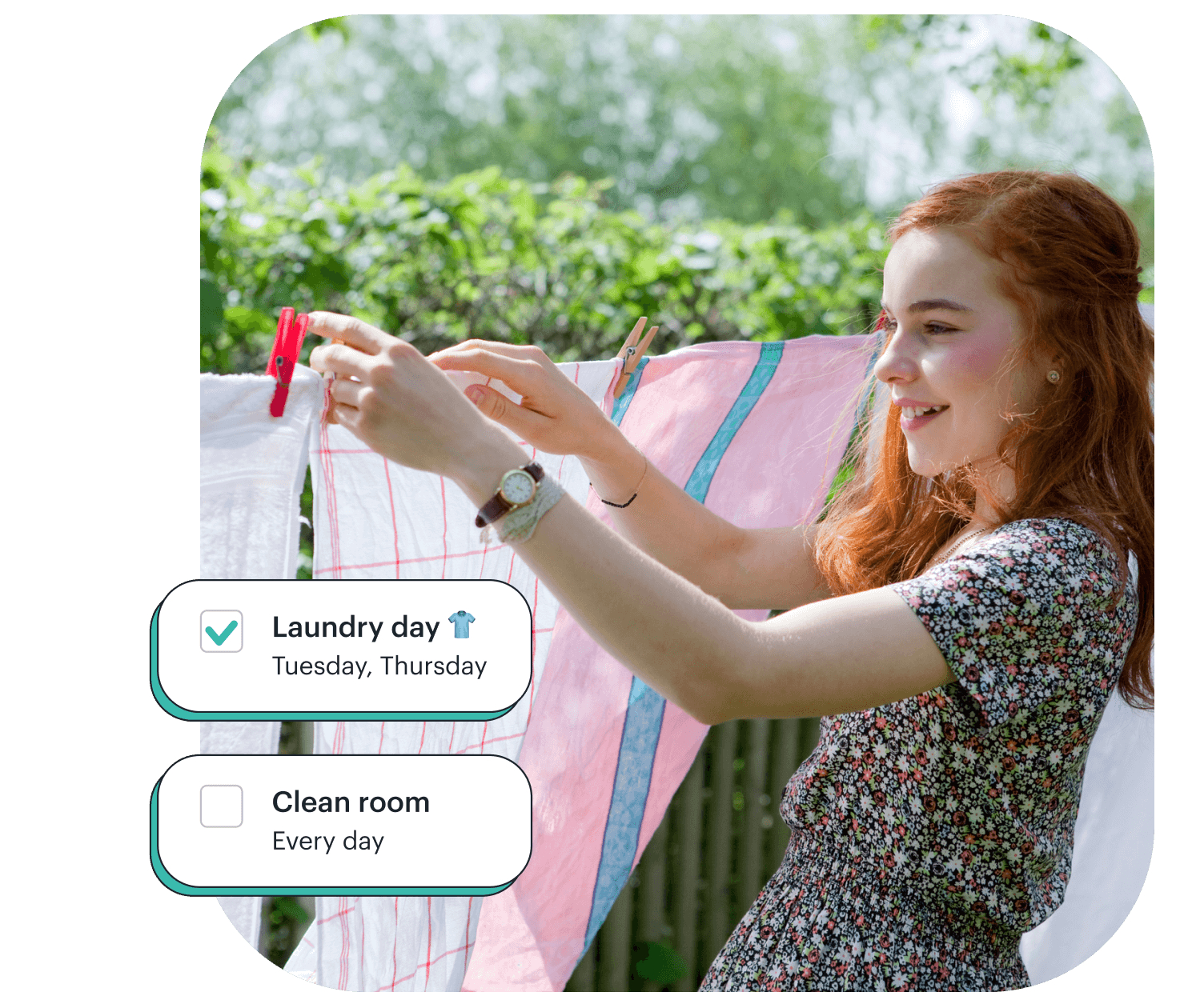 teen girl hanging laundry with greenlight chore notifications around her