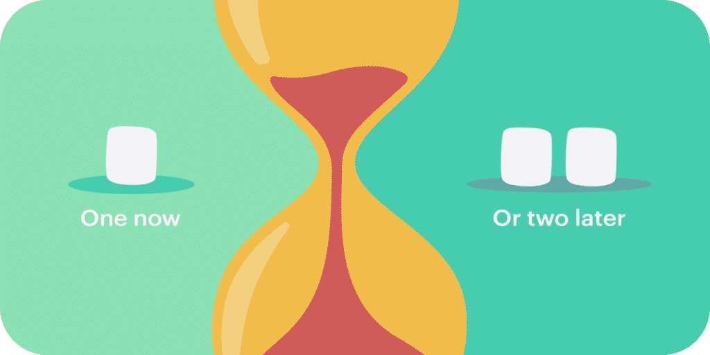 image of hourglass with one marshmallow on the left and two on the right