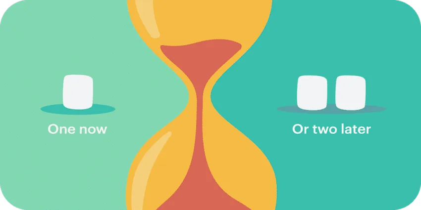 image of hourglass with one marshmallow on the left and two on the right