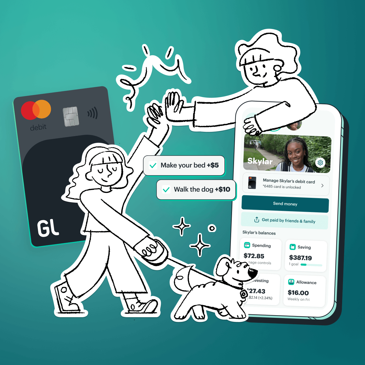 Greenlight + Life360 Gold: Cartoon family high-fiving with the Greenlight debit card and app in background
