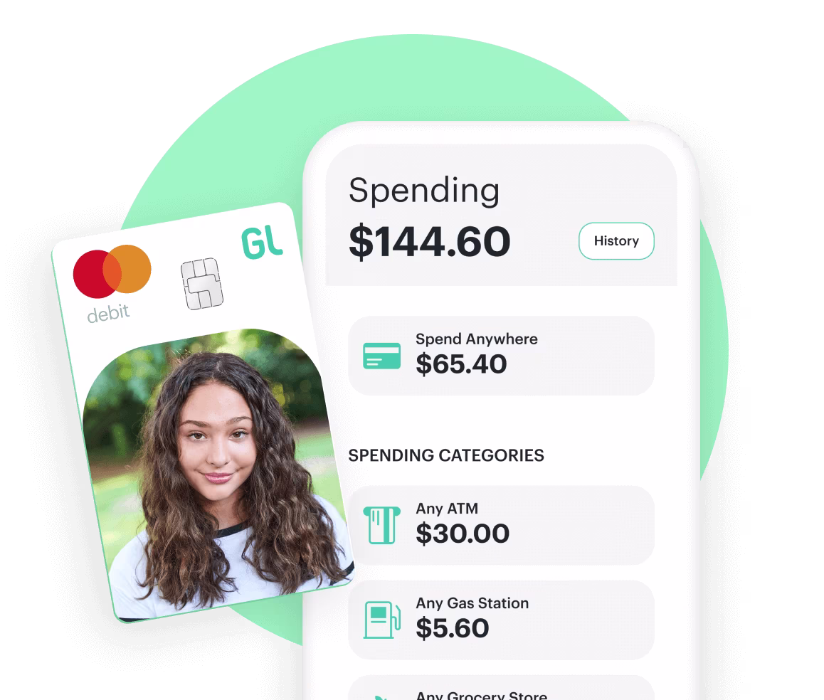 greenlight spending categories next to a custom debit card