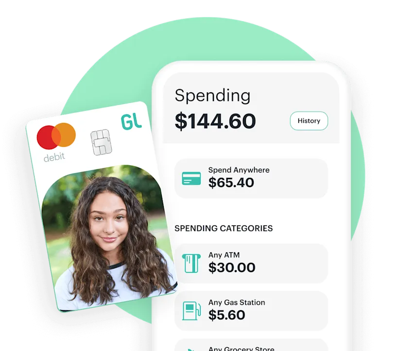 greenlight spending categories next to a custom debit card