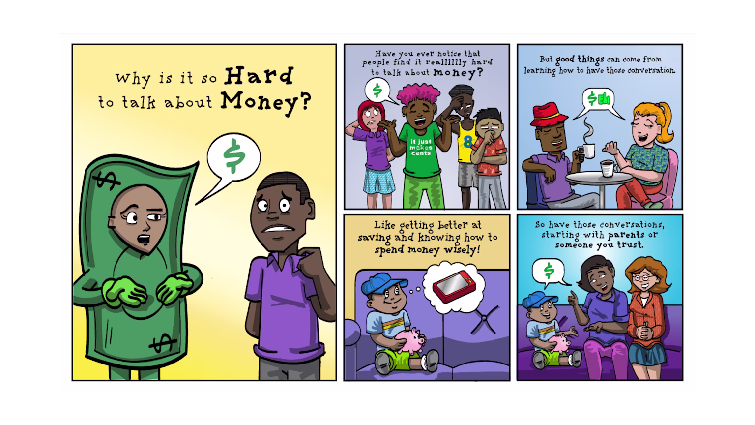 2022 comic strip of episode 2 Million Bazillion's money podcast for kids presented by Greenlight