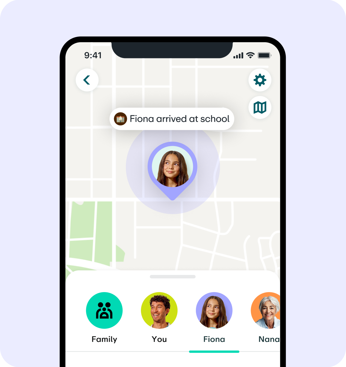 Smartphone screen showing location tracking app with notification "Fiona arrived at school" and family member profiles below.