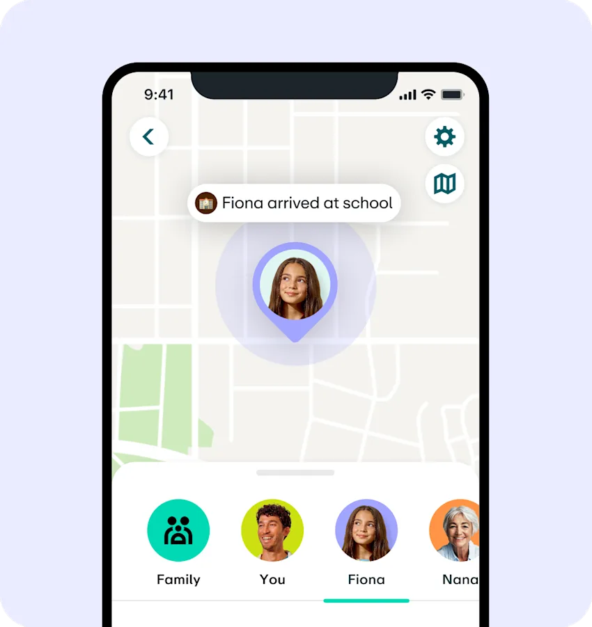 Smartphone screen showing location tracking app with notification "Fiona arrived at school" and family member profiles below.