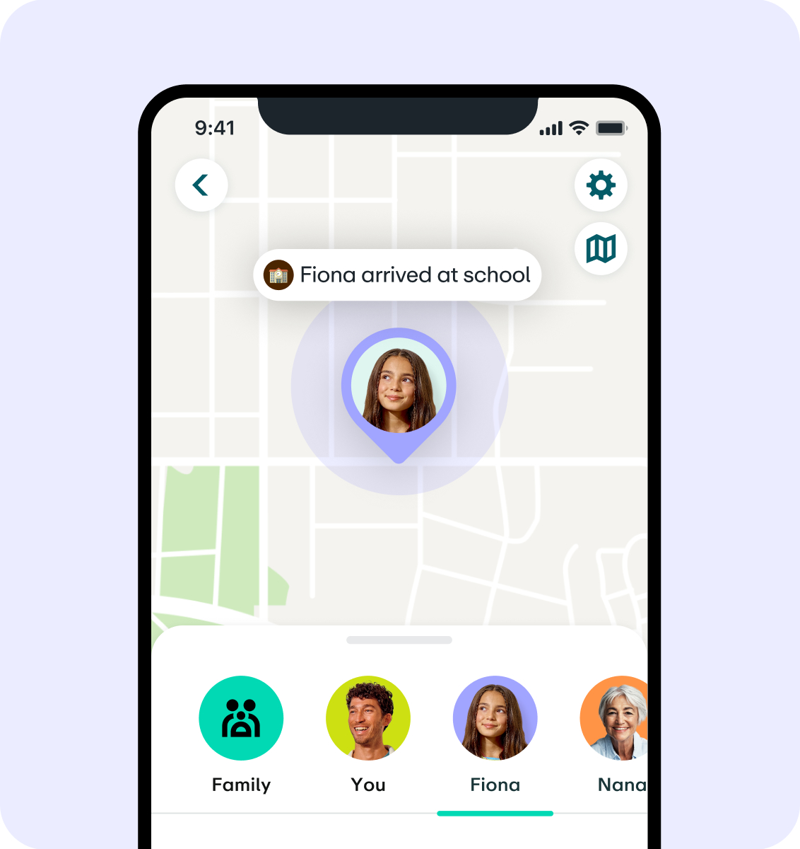 Smartphone screen showing location tracking app with notification "Fiona arrived at school" and family member profiles below.