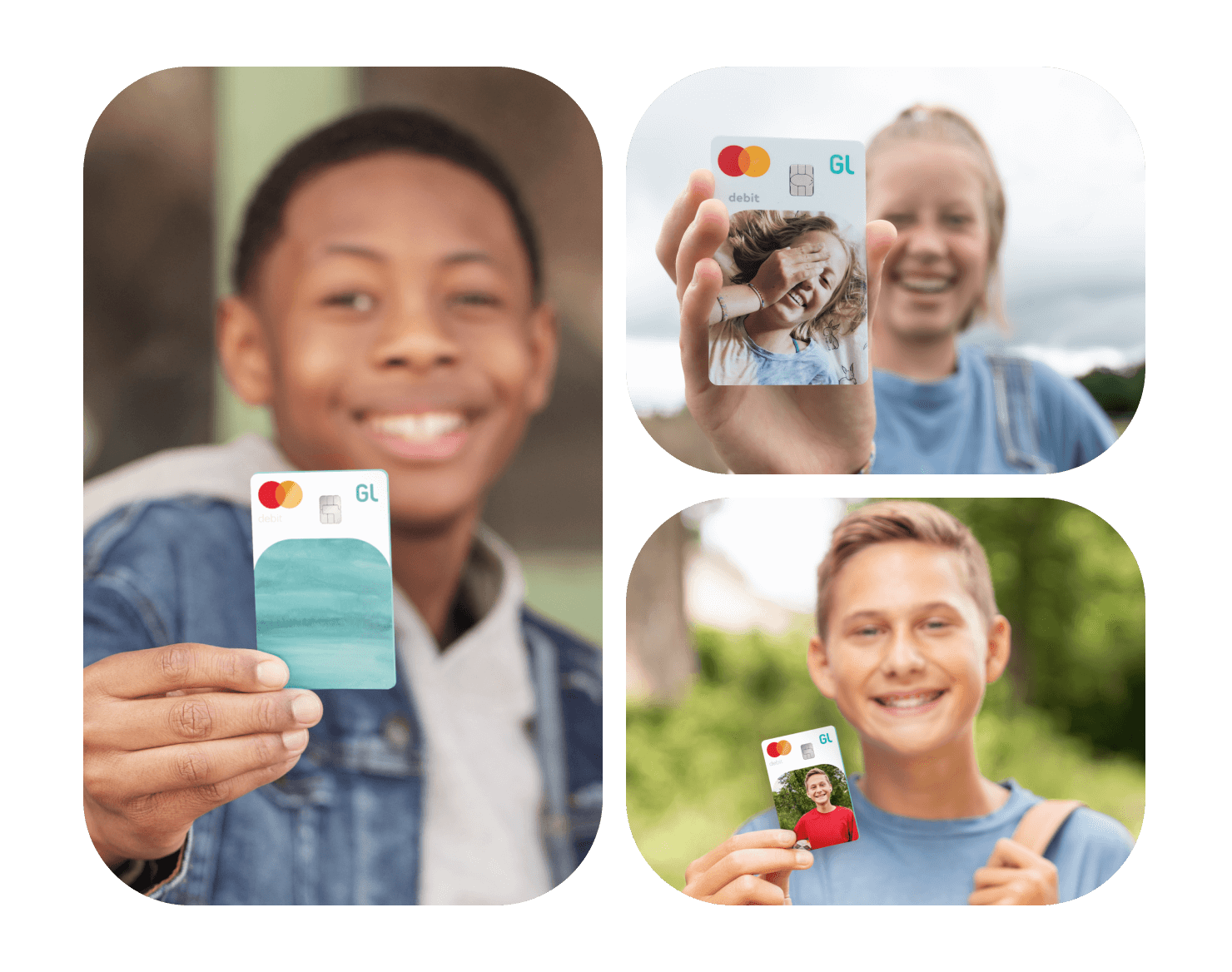 a collage of teenages holding their greenlight custom debit cards