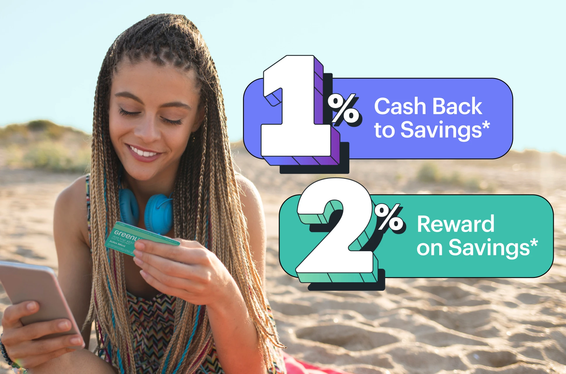 Young teen girl at the beach using Greenlight debit card and app to save money with 1% cash back to savings and 2% savings rewards