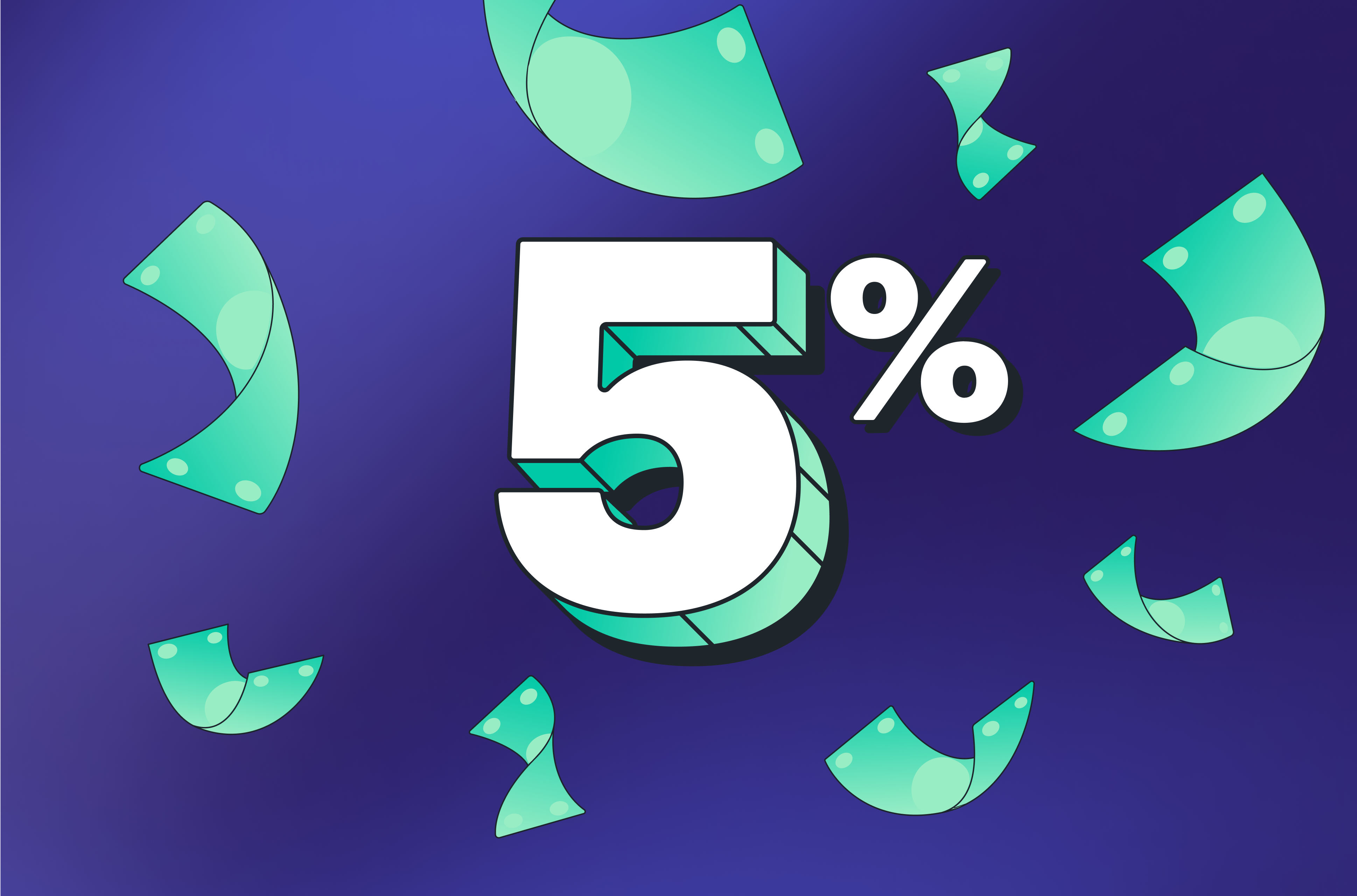 Big 5% interest logo against purple screen and green dollar bills for Greenlight's Savings Reward