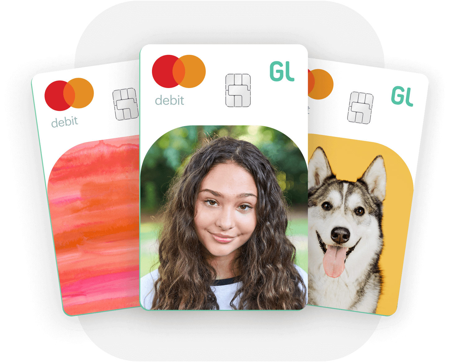 custom greenlight debit cards showing a colorful gradient, teen girl, and pet dog