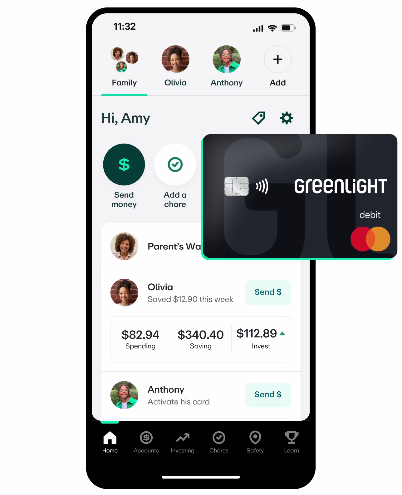 Greenlight family banking app showing account dashboard with spending, saving features and a black debit card overlay.